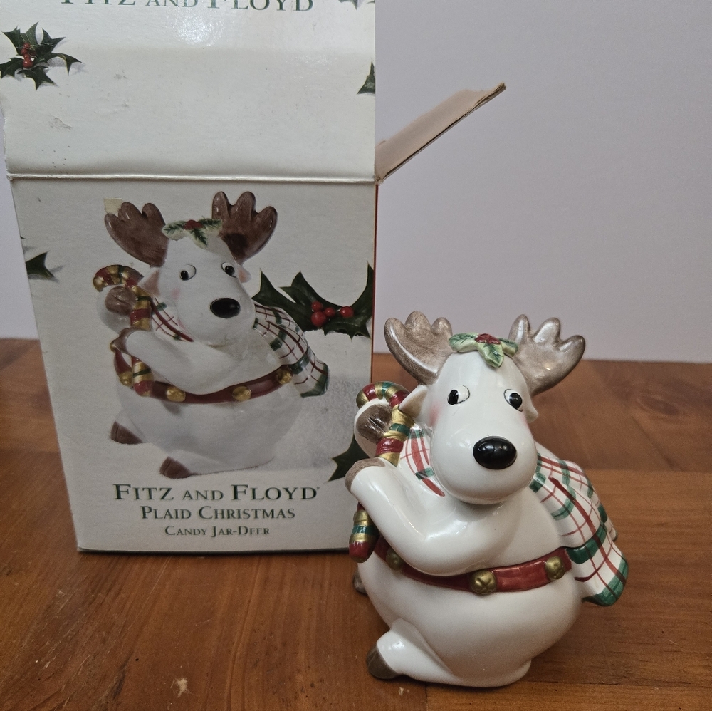 Fitz and Floyd Plaid Christmas Candy Jar - Deer with Red and Green Accents
